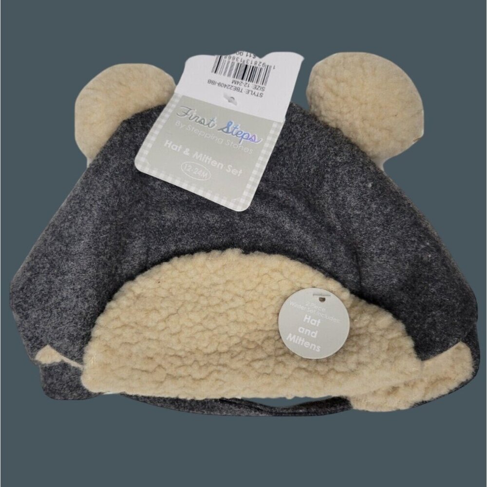 NWT Wool Winter Hat & Mitten Set, 12-24 mo NEW Baby Toddler Gray Cream Lining